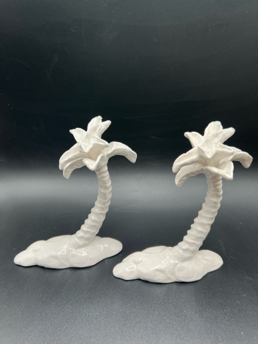 2 Vtg Fitz & Floyd Decorative White Ceramic Christmas Palm Trees Japan Holiday